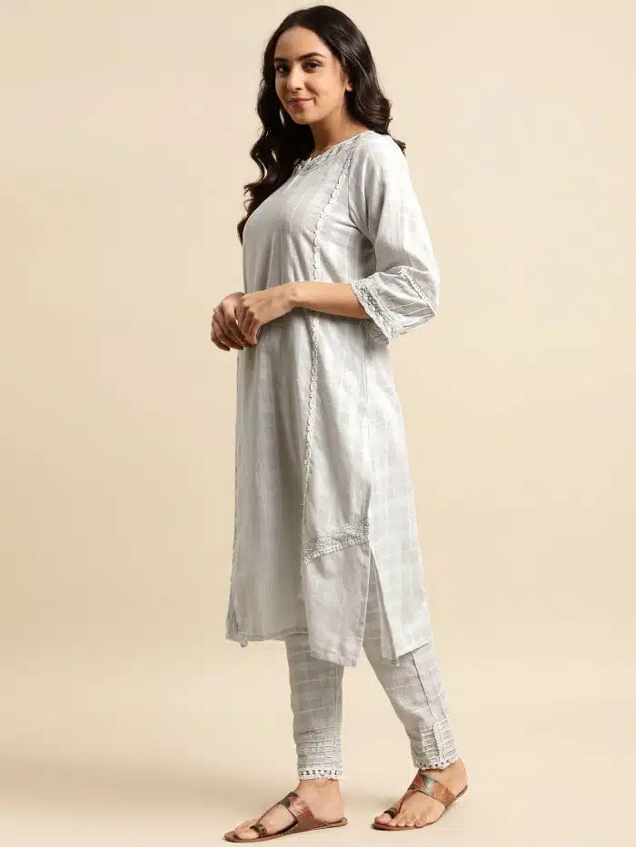 Light Grey Embroidered Cotton Dobby Kurta with Pintuck Pant - Set of 2