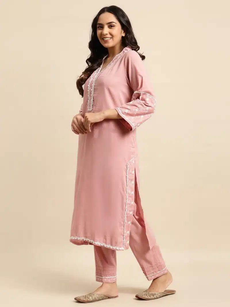 Salmon Embroidered Cotton Kurta