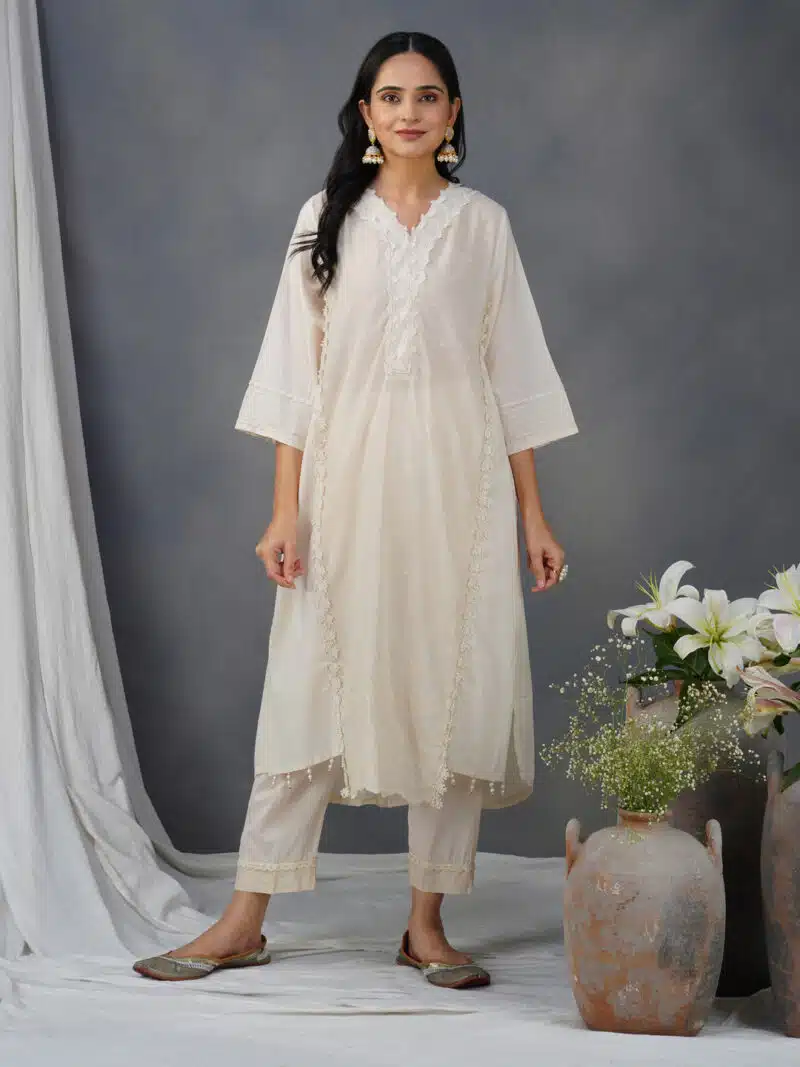 Rose Gold Embroidered Cotton Kurta Paired With Matching Pant