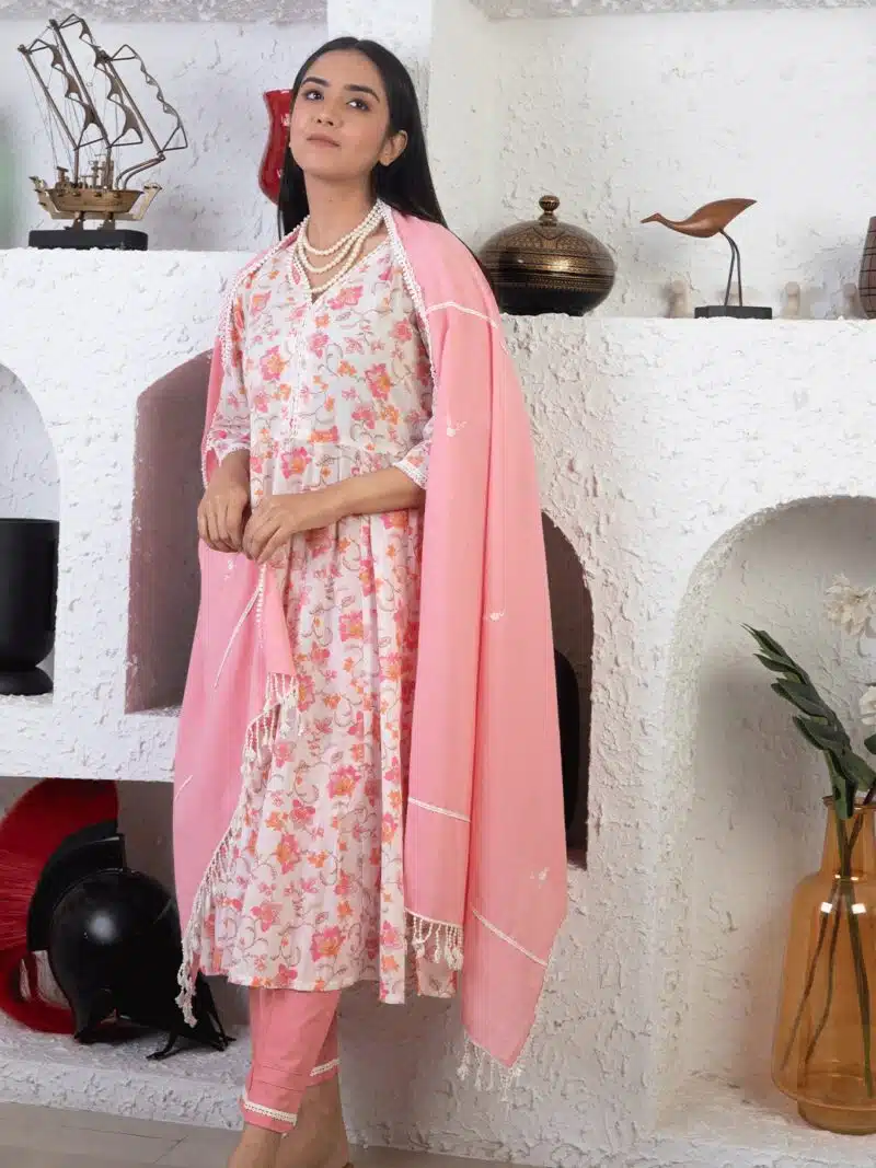 White Pink Printed Cotton Anarkali With Matching Pant And Dupatta