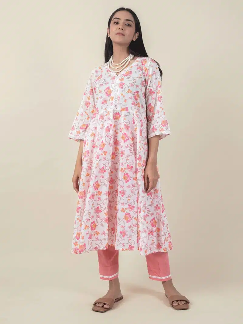 White and Pink Printed Cotton Anarkali