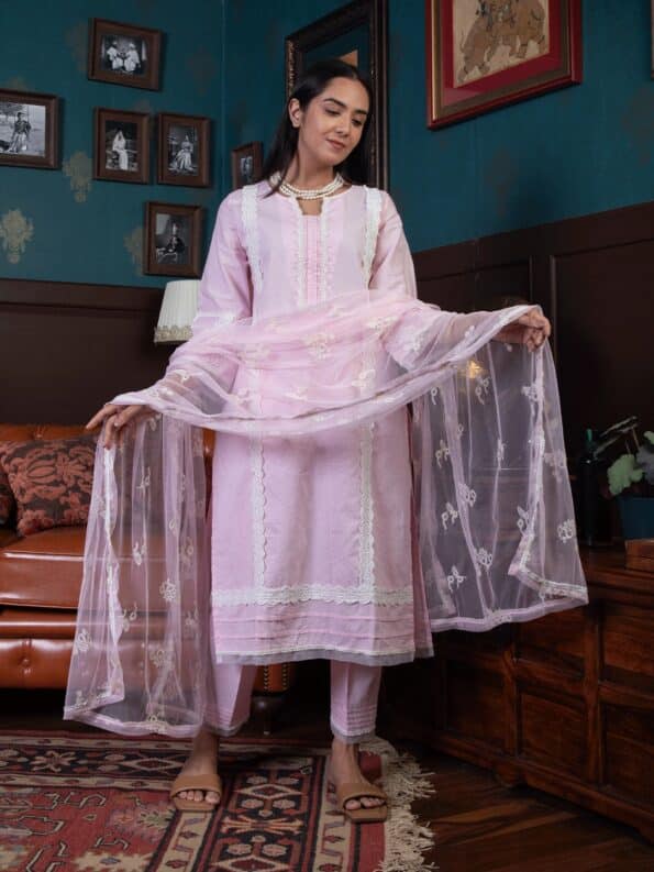 Pink Printed Cotton Kurta Pant & Kota Doria Dupatta Set