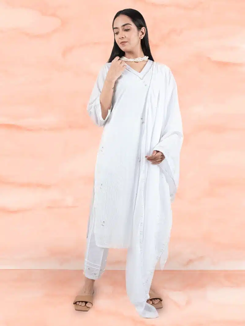 White Cotton Embroidered Kurta With Matching Pant And Dupatta