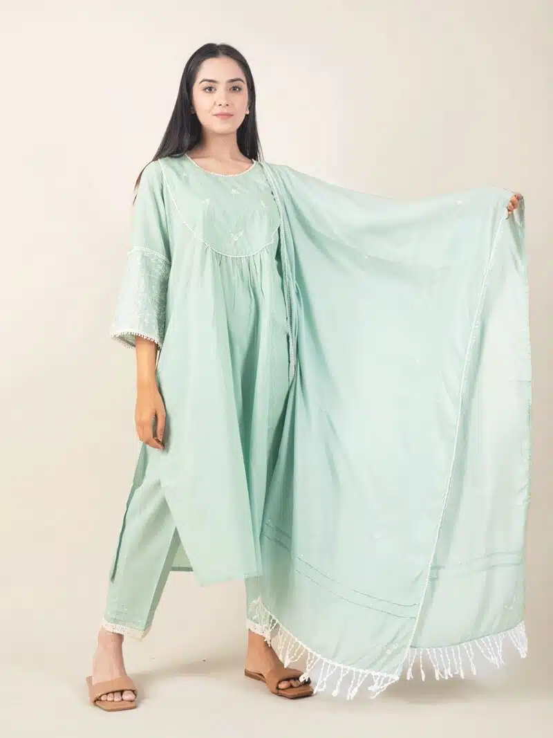 Sea Green Cotton Kurta With Matching Pant And Dupatta