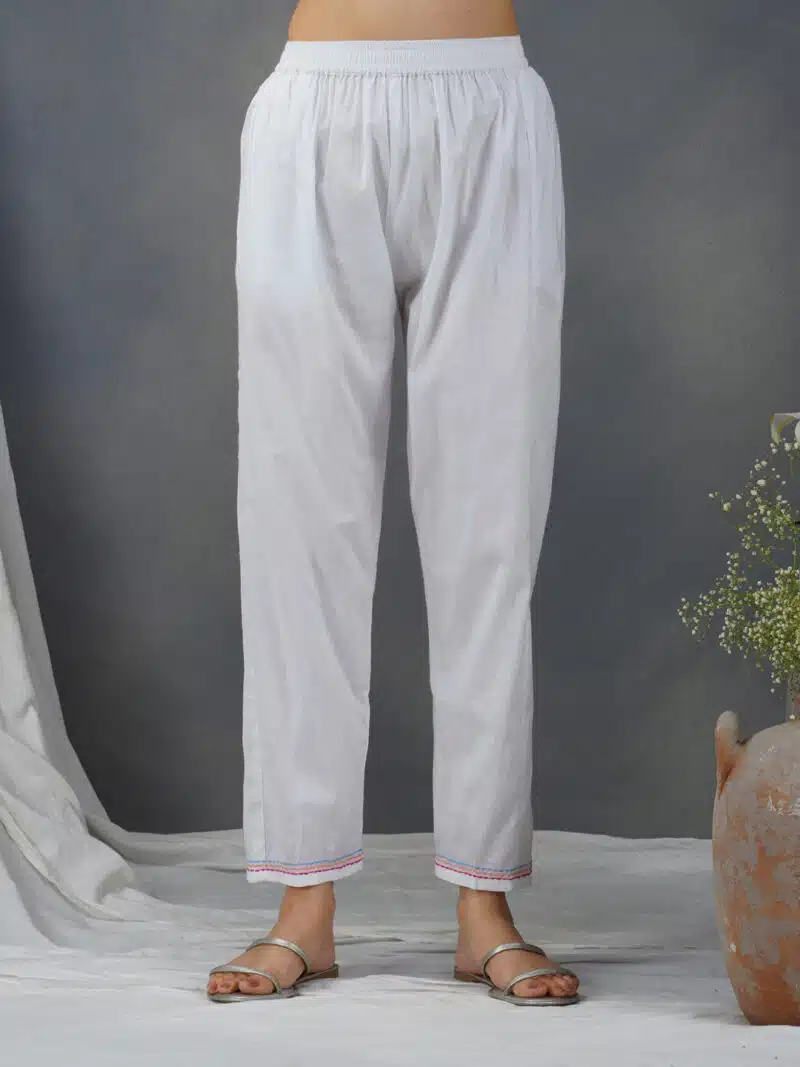 White  Embroidered Cotton Pants
