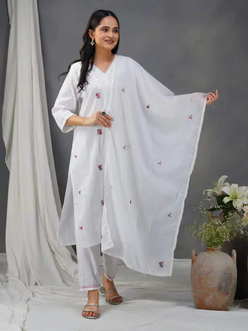 White Multicolor Embroidered Cotton Kurta With Matching Pant And Dupatta