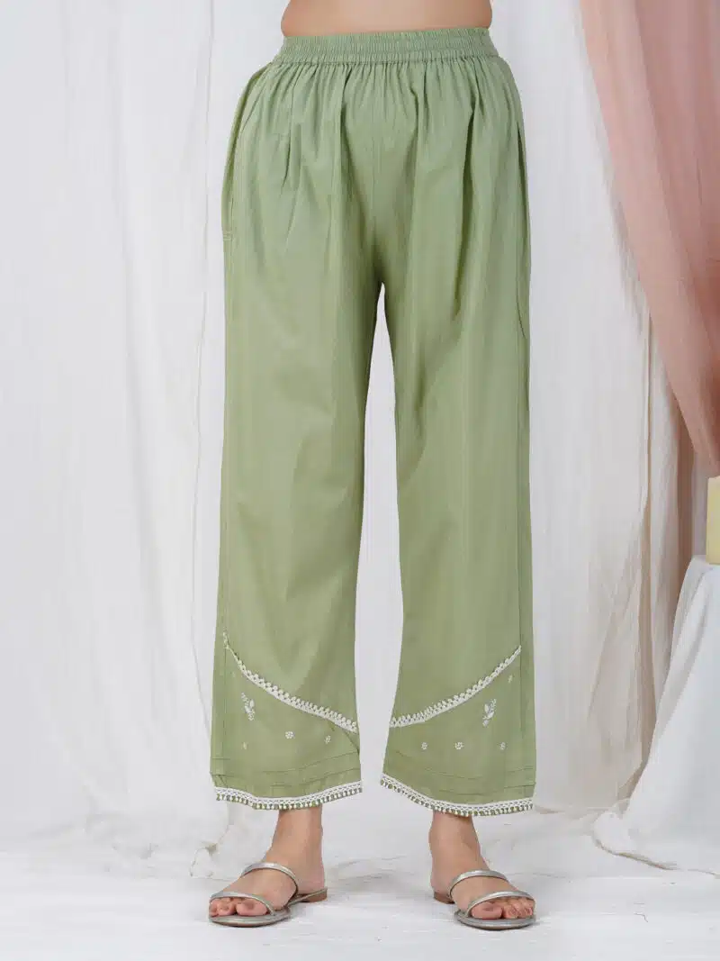 Olive Green  Embroidered Cotton Pants