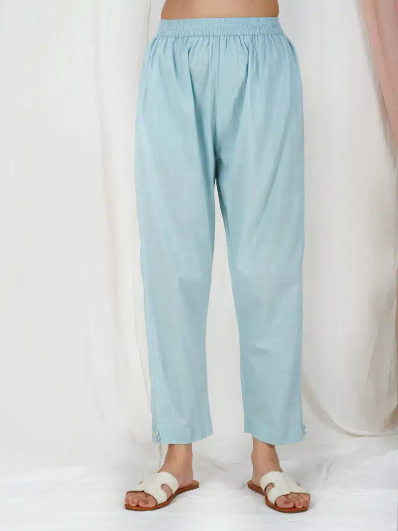 Blue Embroidered Cotton Pants