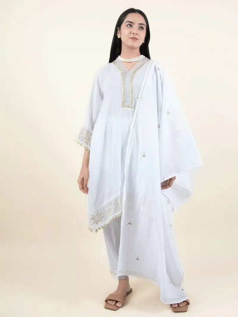 White Cotton Kurta With Matching Pant And Dupatta