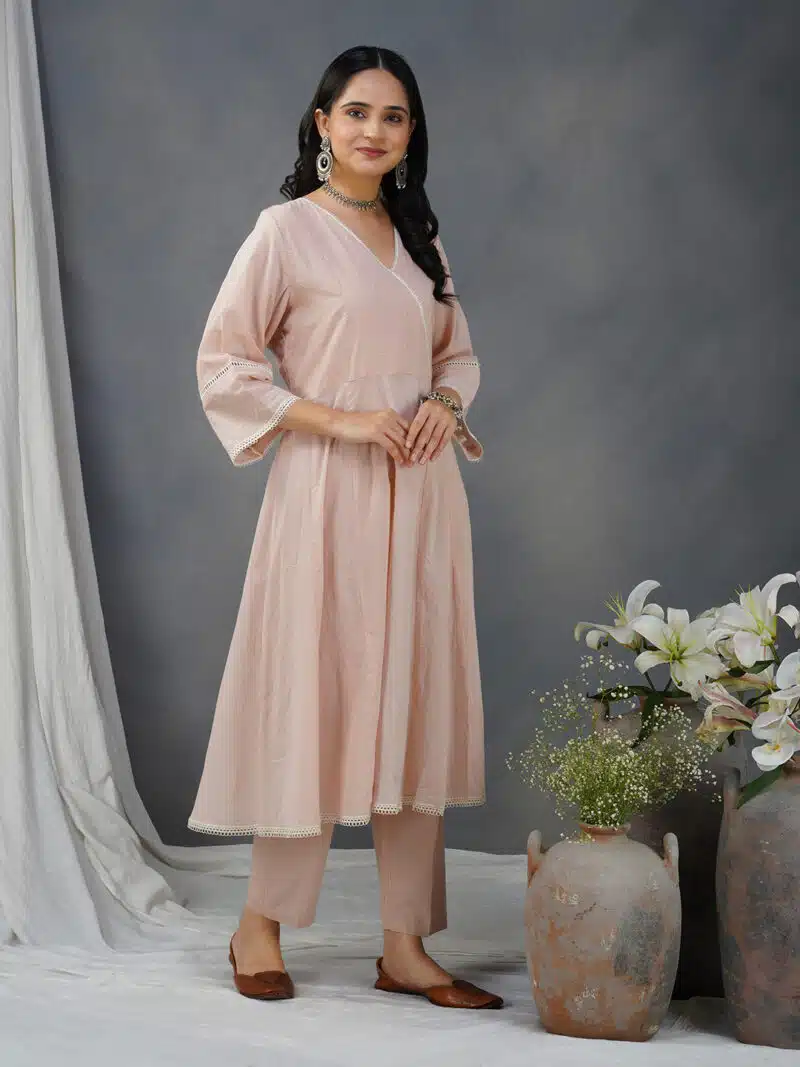 Gold Pink Embroidered Cotton Anarkali  Kurta