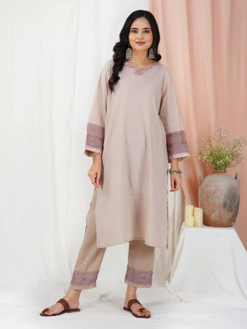 Taupe Hand Embroidered multicolor Cotton Kurta Paired With Matching Pant