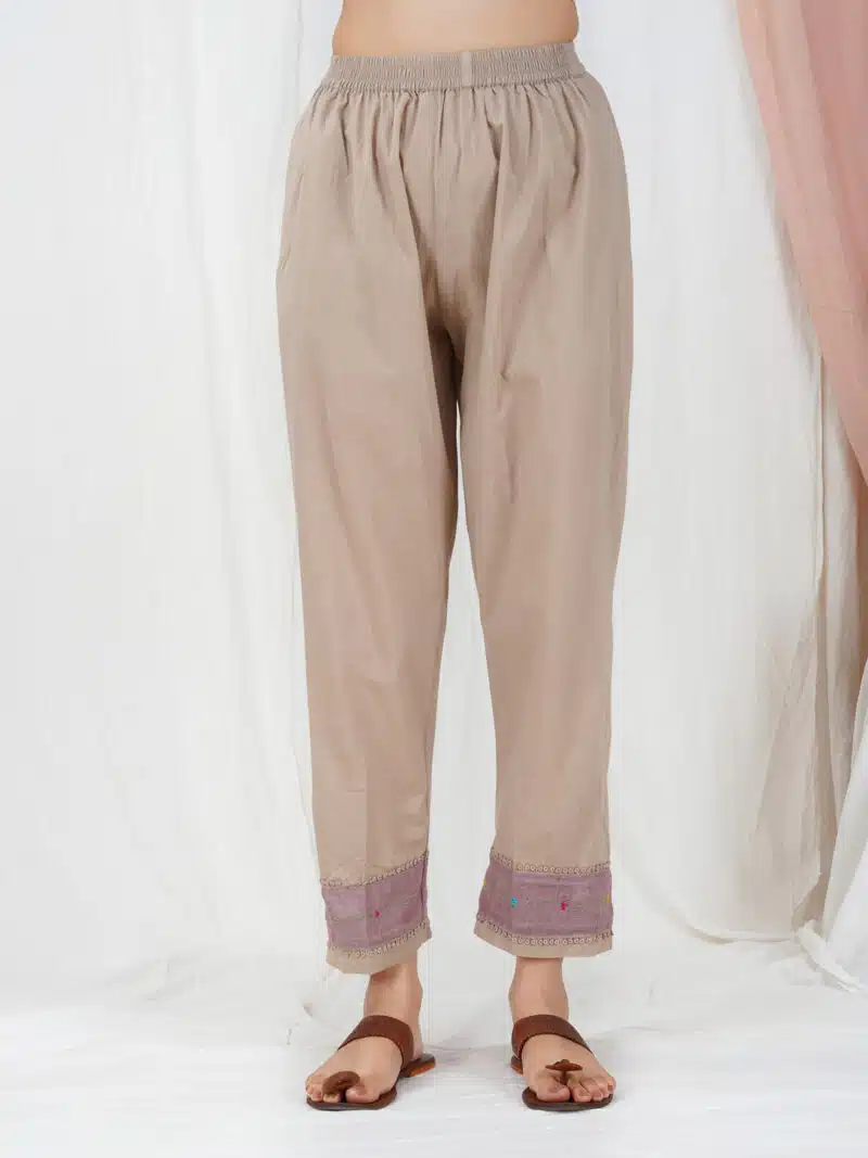 Taupe  Hand Embroidered multicolor Cotton pant