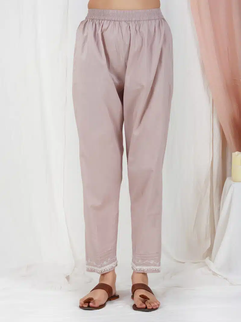 Taupe Embroidered Cotton Pants