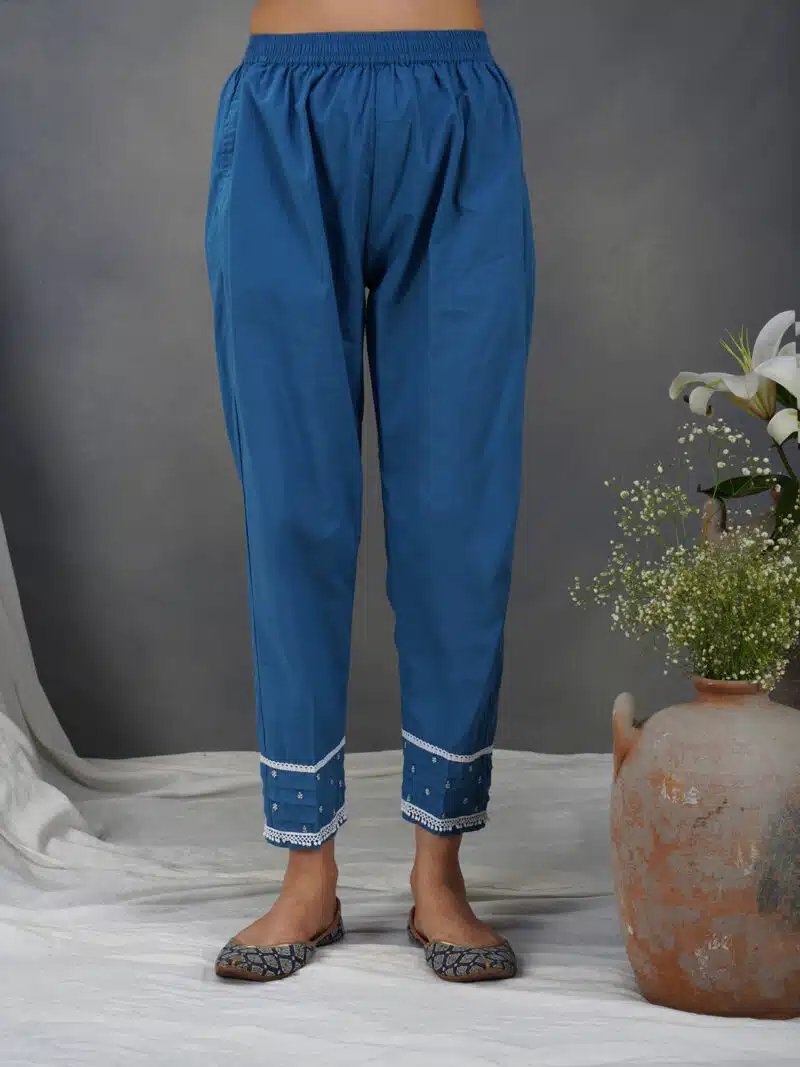 Blue Embroidered Cotton Pant