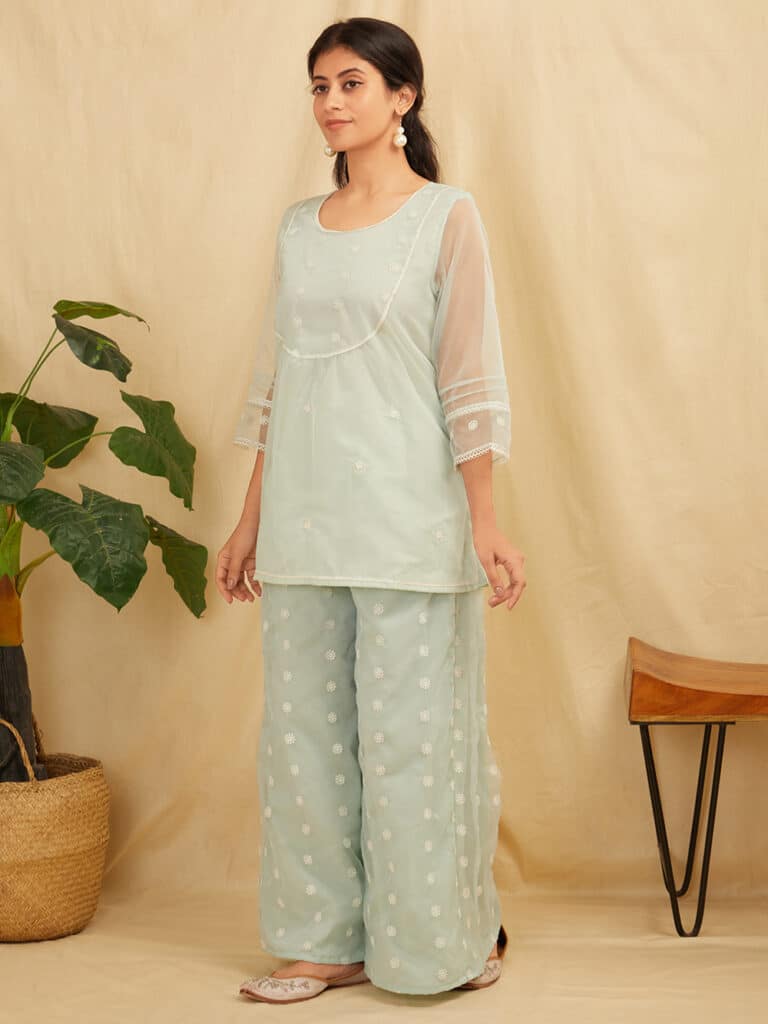 Sea Green Embroidered Kurti with Long Straight Pants