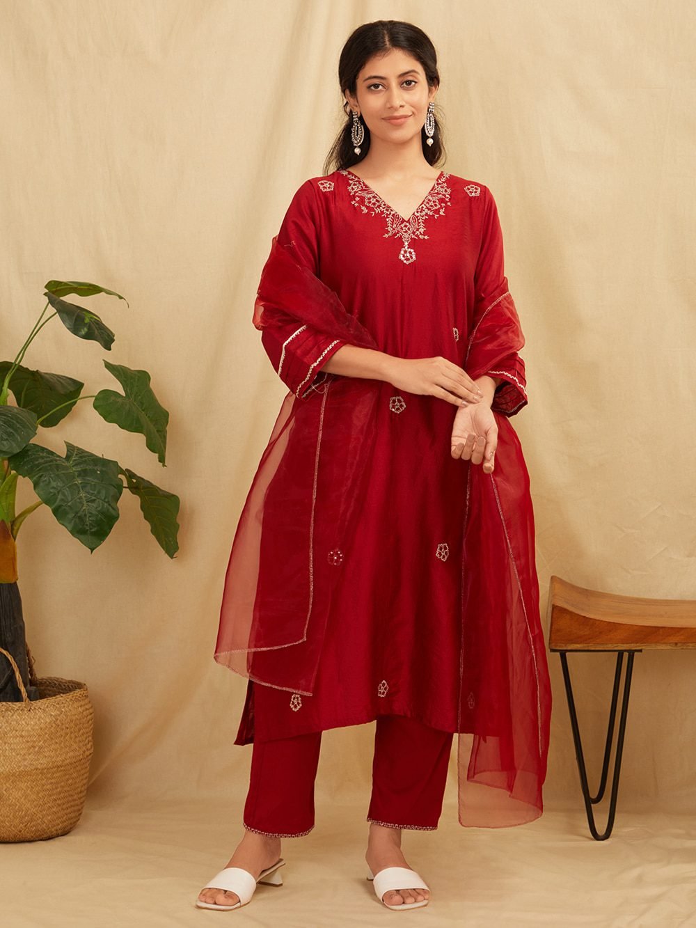 Women's New Latest Red Chanderi Kurta Palazzo Suit Set Ready To Wear  TRENDMALLS | eBay