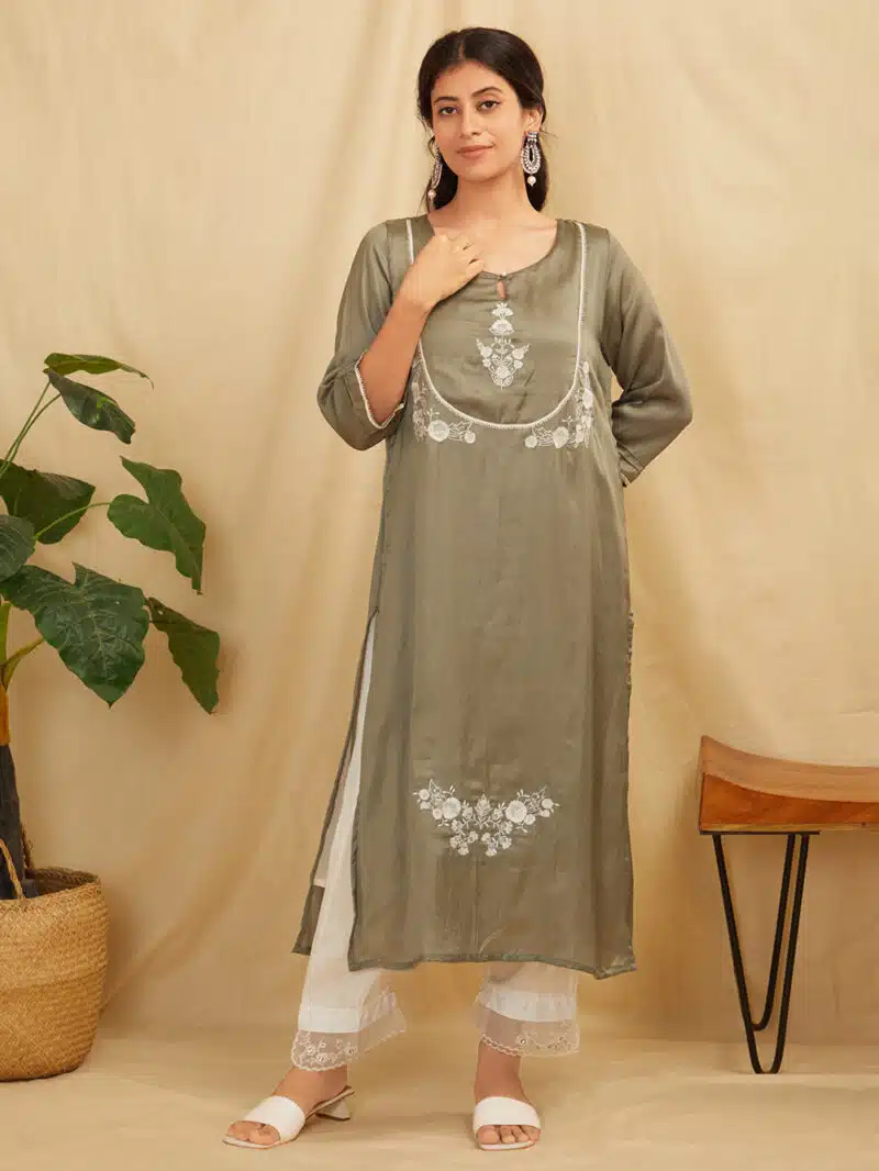 Grey Embroidered Satin Silk Kurta With Pants- Set Of 2