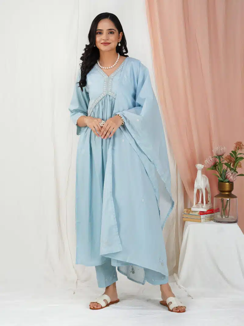 Sky Blue Embroidered Cotton Anarkali Kurta With Matching Pant And Dupatta