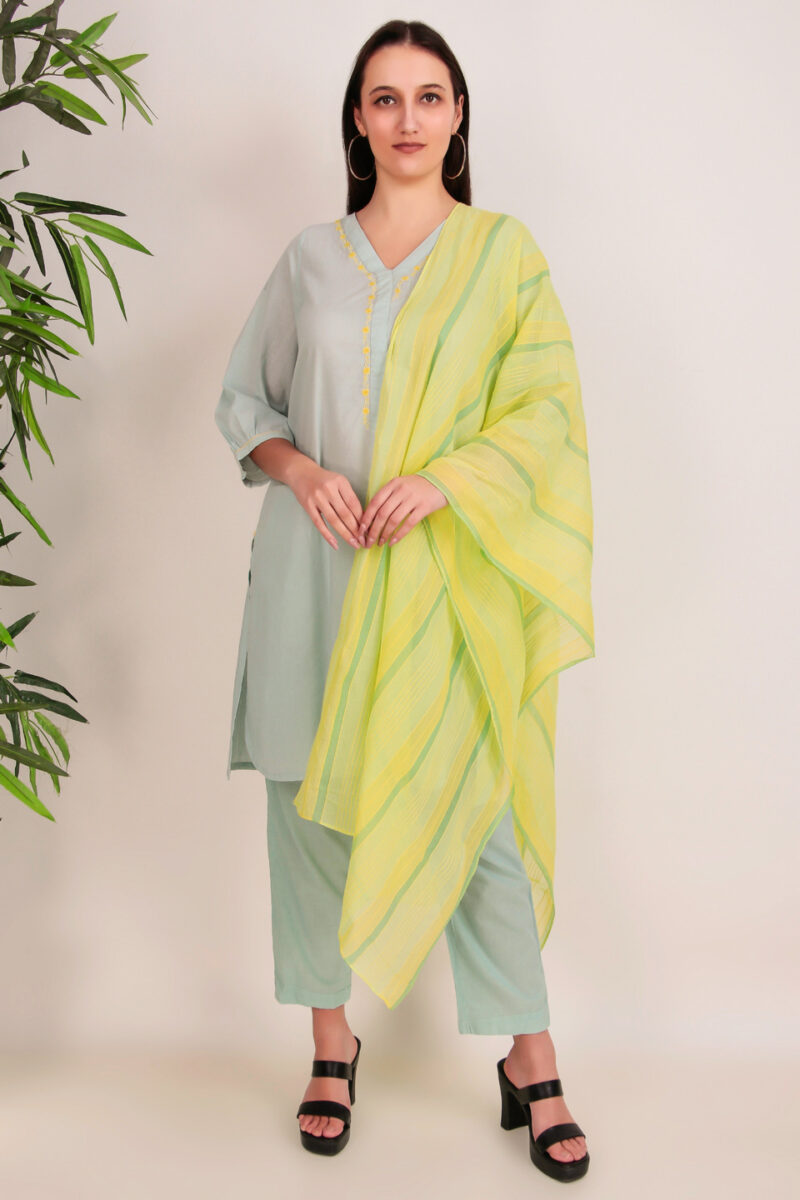 Sea Green Regular Cotton Embroidered kurta Pant and Dupatta - Set of 3