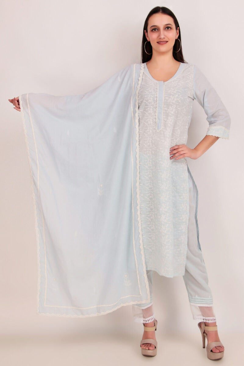 Sky Blue Full Embroidered Cotton Kurta Set (Set of 3)