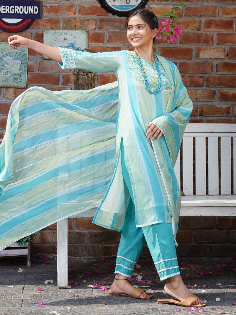 Blue Green Printed Cotton Kurta Paired With Lace Pant and Dupatta- Set of 3