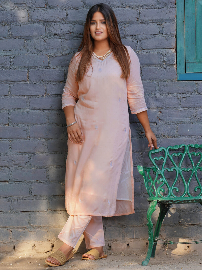Peach Embroidered Cotton Kurta Paired With Matching Pant