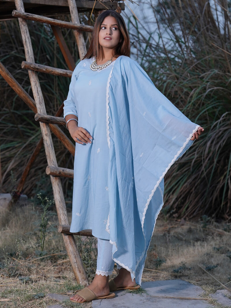 Sky Blue Embroidered Cotton Kurta With Matching Pant And Dupatta