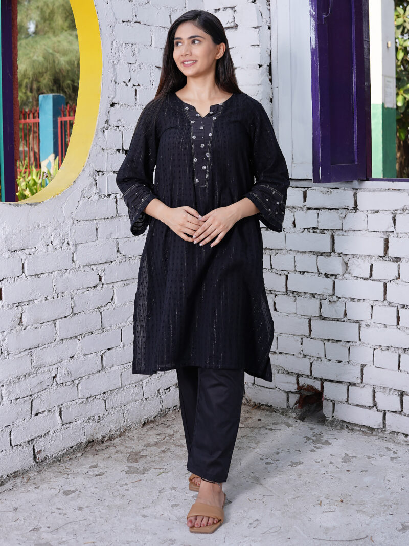 Black Embroidered Cotton Dobby Kurta with Cotton Pant - Set of 2