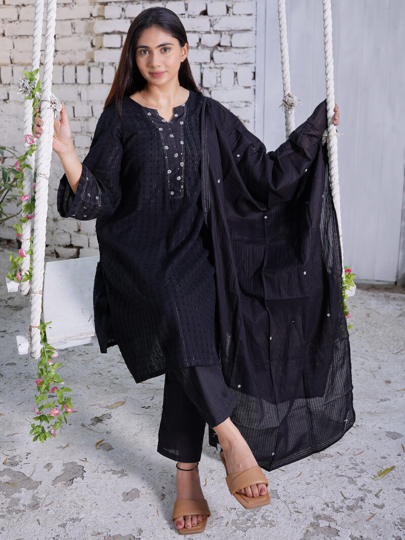 Black Embroidered Cotton Dobby Kurta with Cotton Pant and Embroidered Dupatta- Set of 3