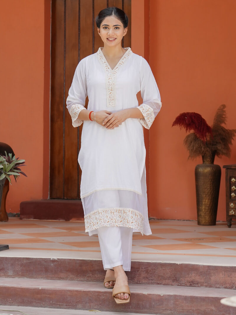 White Floral  Printed Cotton Kurta with Cotton Pant - Set of 2