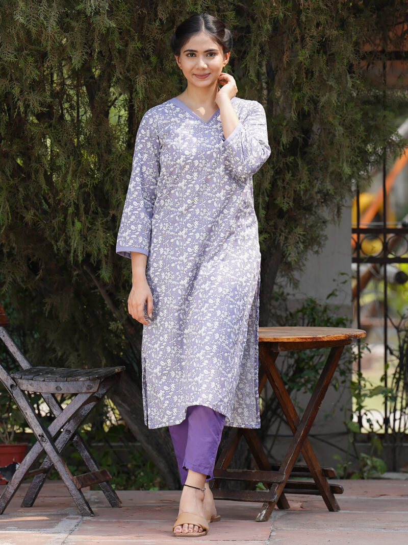 Lavender White Printed Cotton Kurta with Cotton Pant - Set of 2