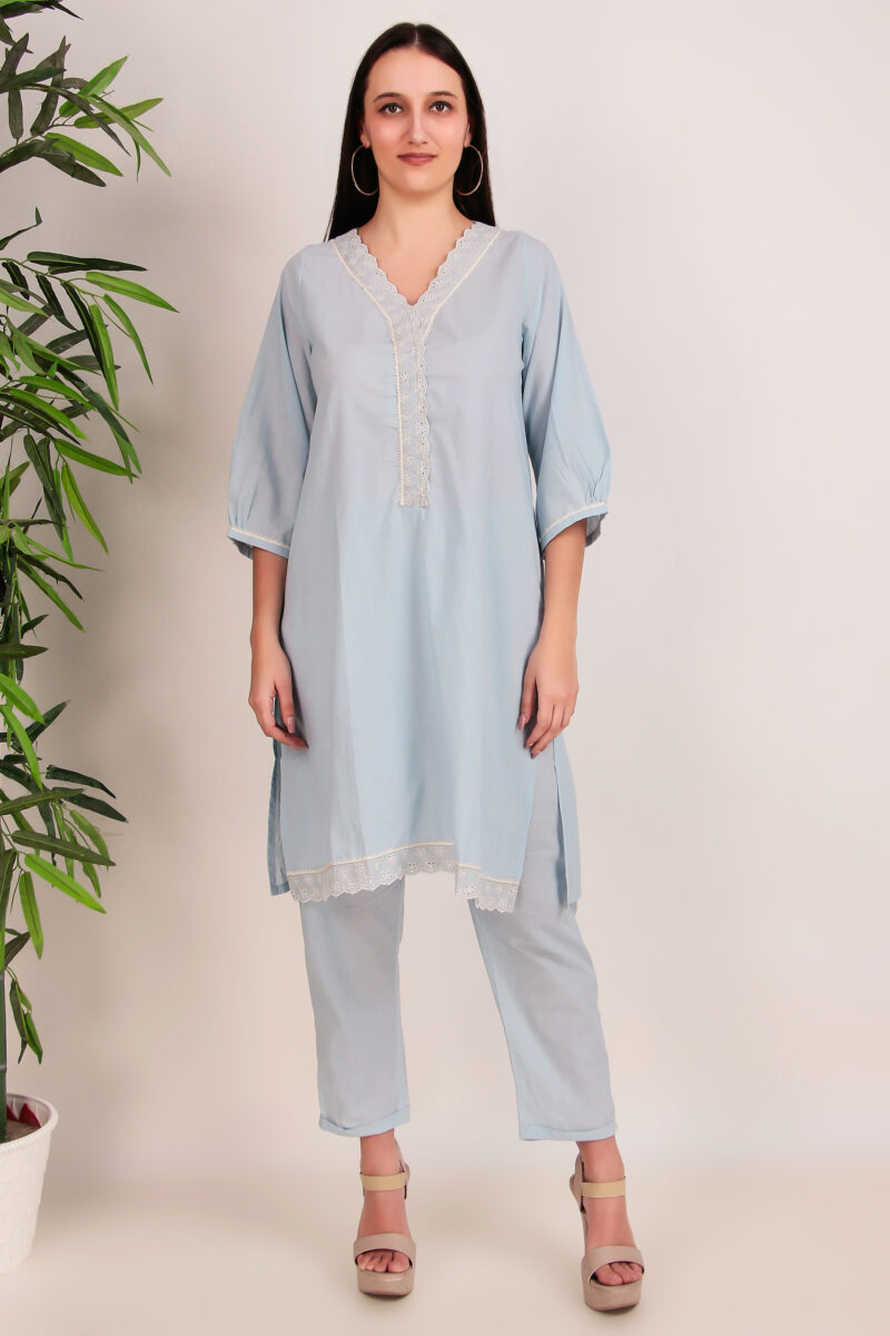 Sky Blue Cotton Kurta With Lace Work And Matching Pants