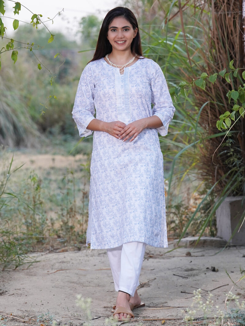 White Blue Printed Cotton Kurta with White Pant - Set of 2
