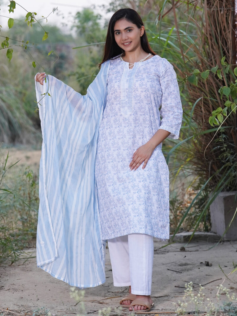 White Blue Printed Cotton Kurta with White Pant and Embroidered Dupatta- Set of 3