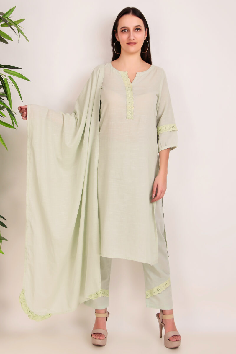 Lemon Kurta Cotton Set with Lace work Detailing (Set of 3)