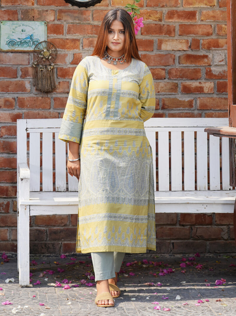 Olive Green Printed Cotton Kurta with Olive Geen Pant - Set of 2