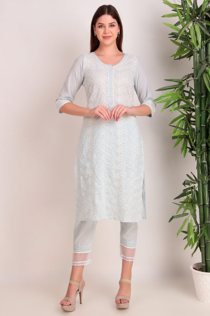 Sky Blue Full Embroidered Cotton Kurta With Matching Pant Laces With Organza.