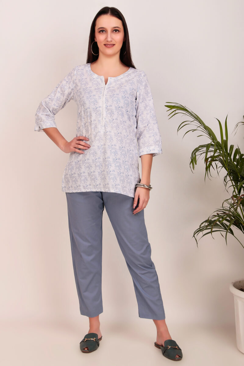 White Floral Print Pure Cotton Short Kurti With Pant