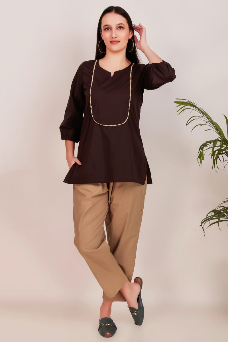 Short Brown Cotton Kurti With Lace Work With Pant
